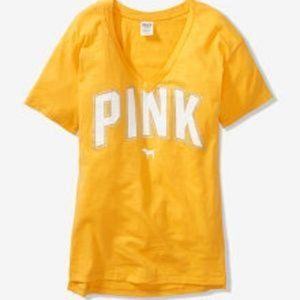 PINK Victoria’s Secret Yellow & White Bling Logo Print Short Sleeve Tee